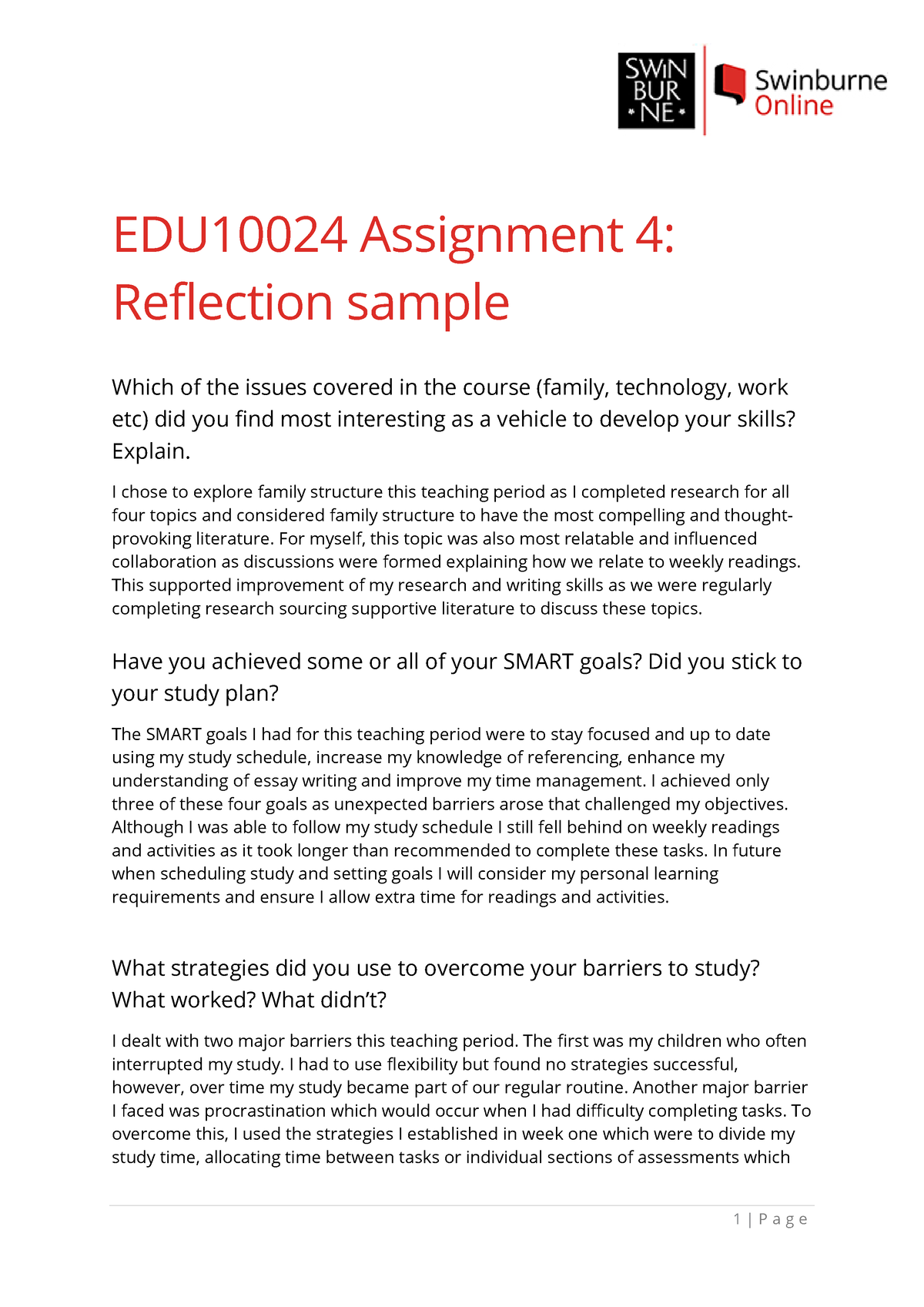 student assignment reflection