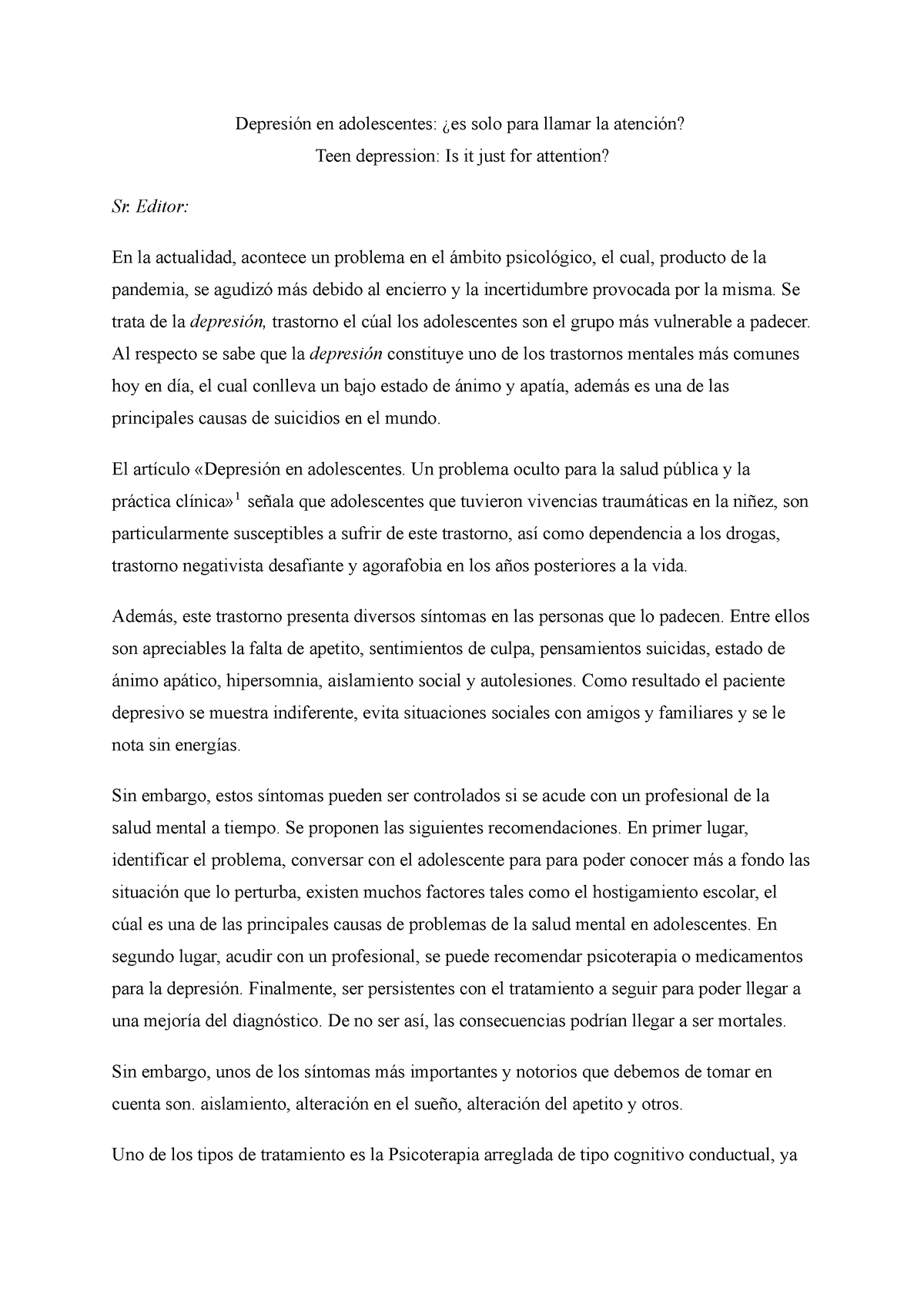 Carta AL Editor- Depresión en adolescentes- Canchaya - Ramal ...