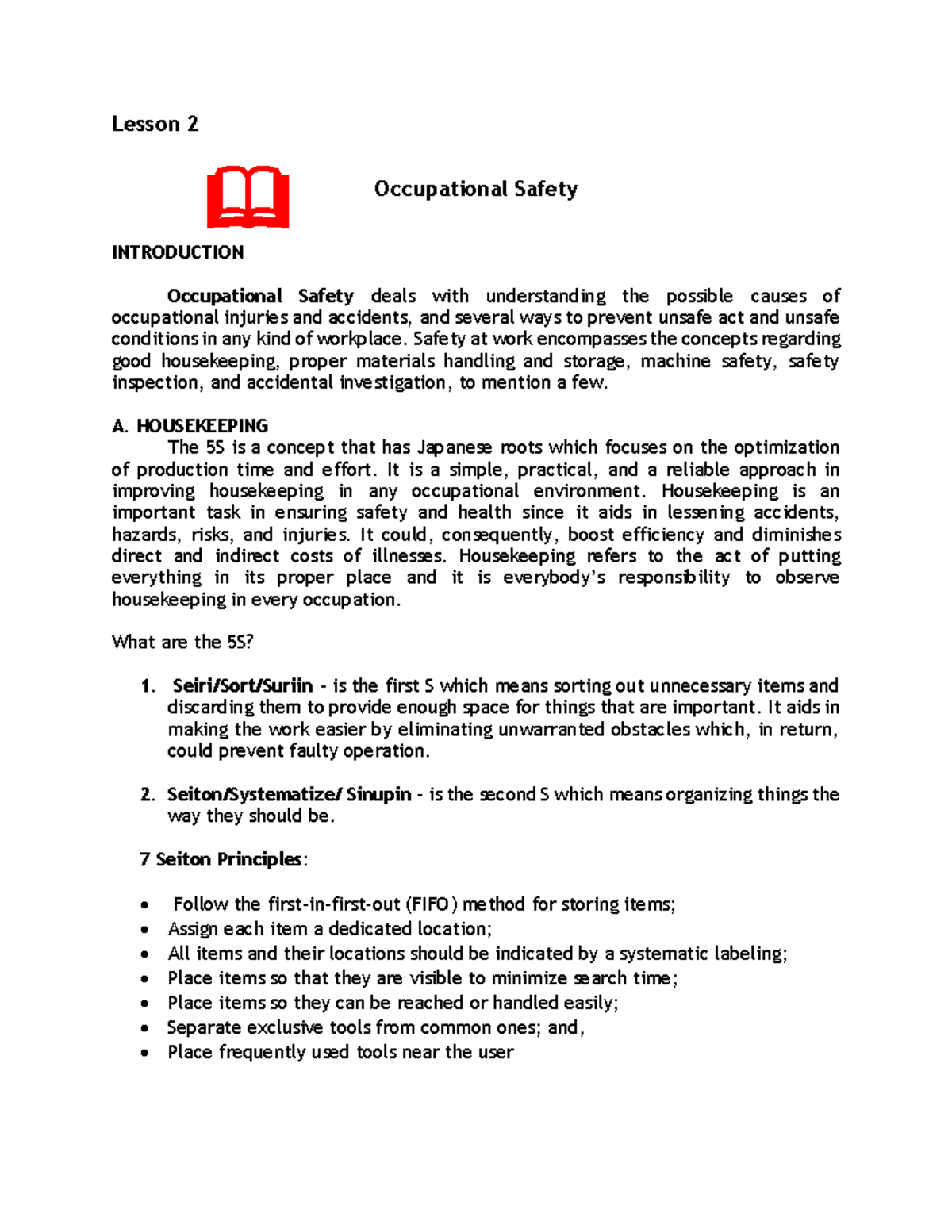 M1 Lesson 2 3 - Lesson 2 INTRODUCTION Occupational Safety deals with ...