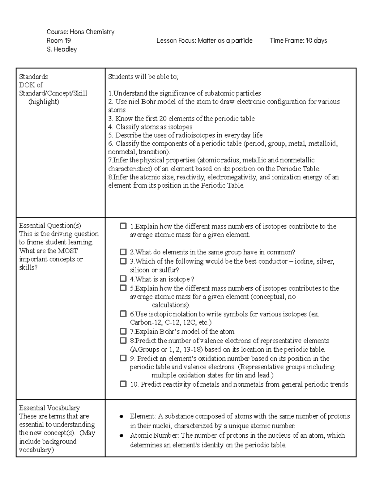 Week 3-4 chem plan - lesson plan - Standards DOK of Standard/Concept ...