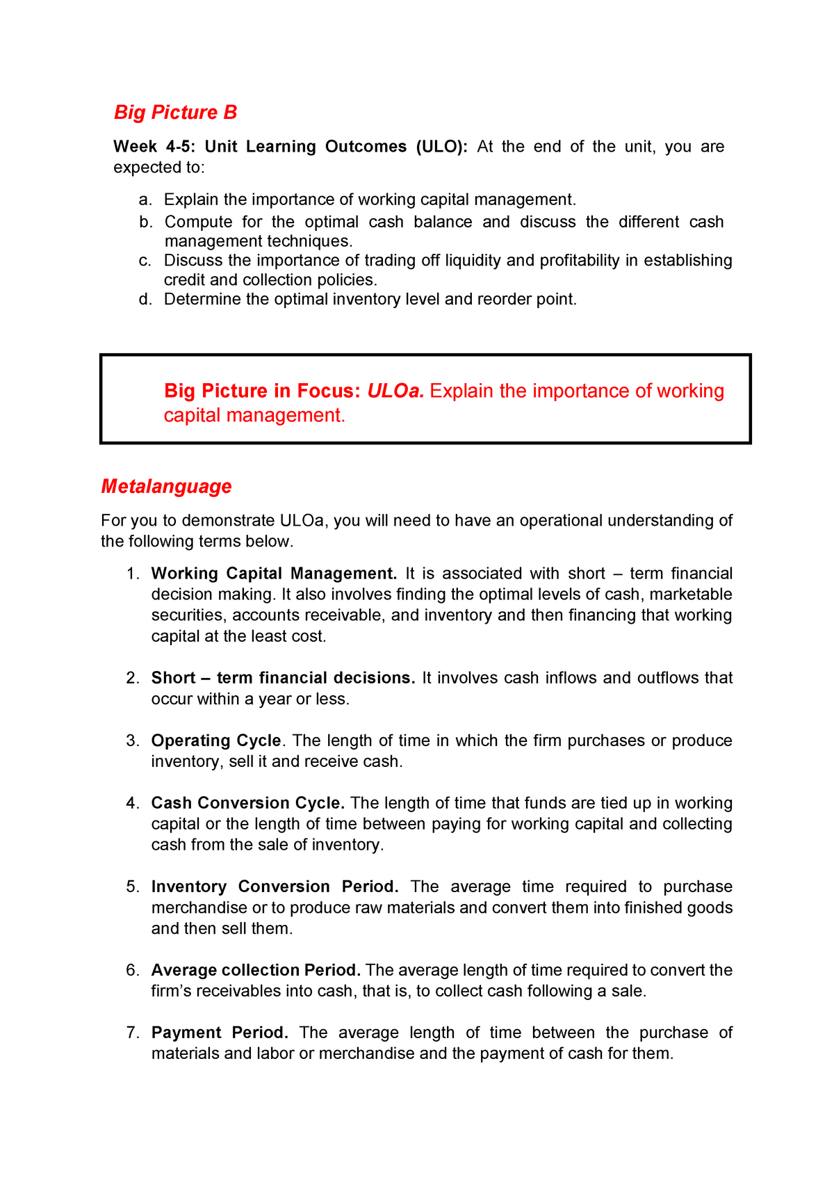 ACC222 Week4-5B-Working Capital Management - Big Picture B Week 4-5 ...