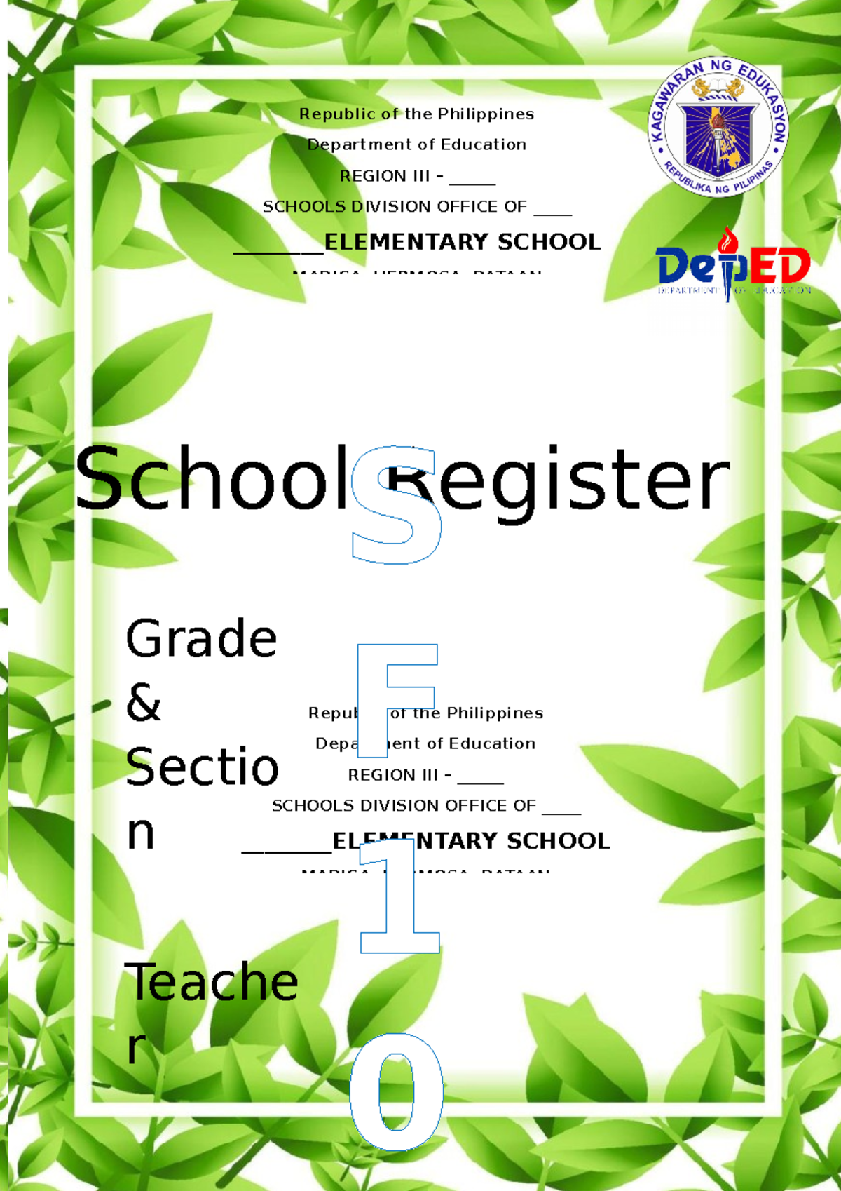Complete cover page for School Forms - S F 1 Republic of the ...