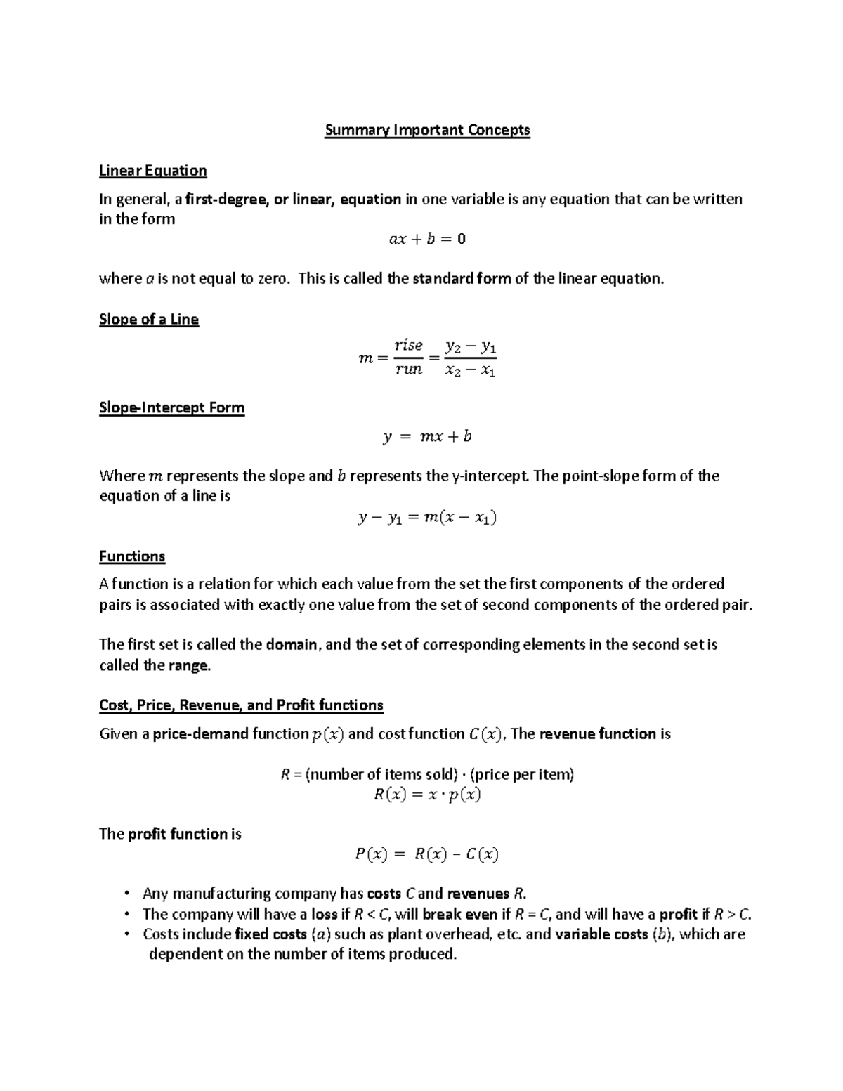 Summary of Important Concepts - Summary Important Concepts Linear ...