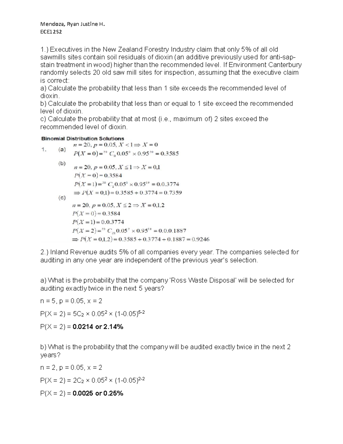 Quiz 2.2 (Binomial Distribution) - Engineering Data Analysis - TIP ...