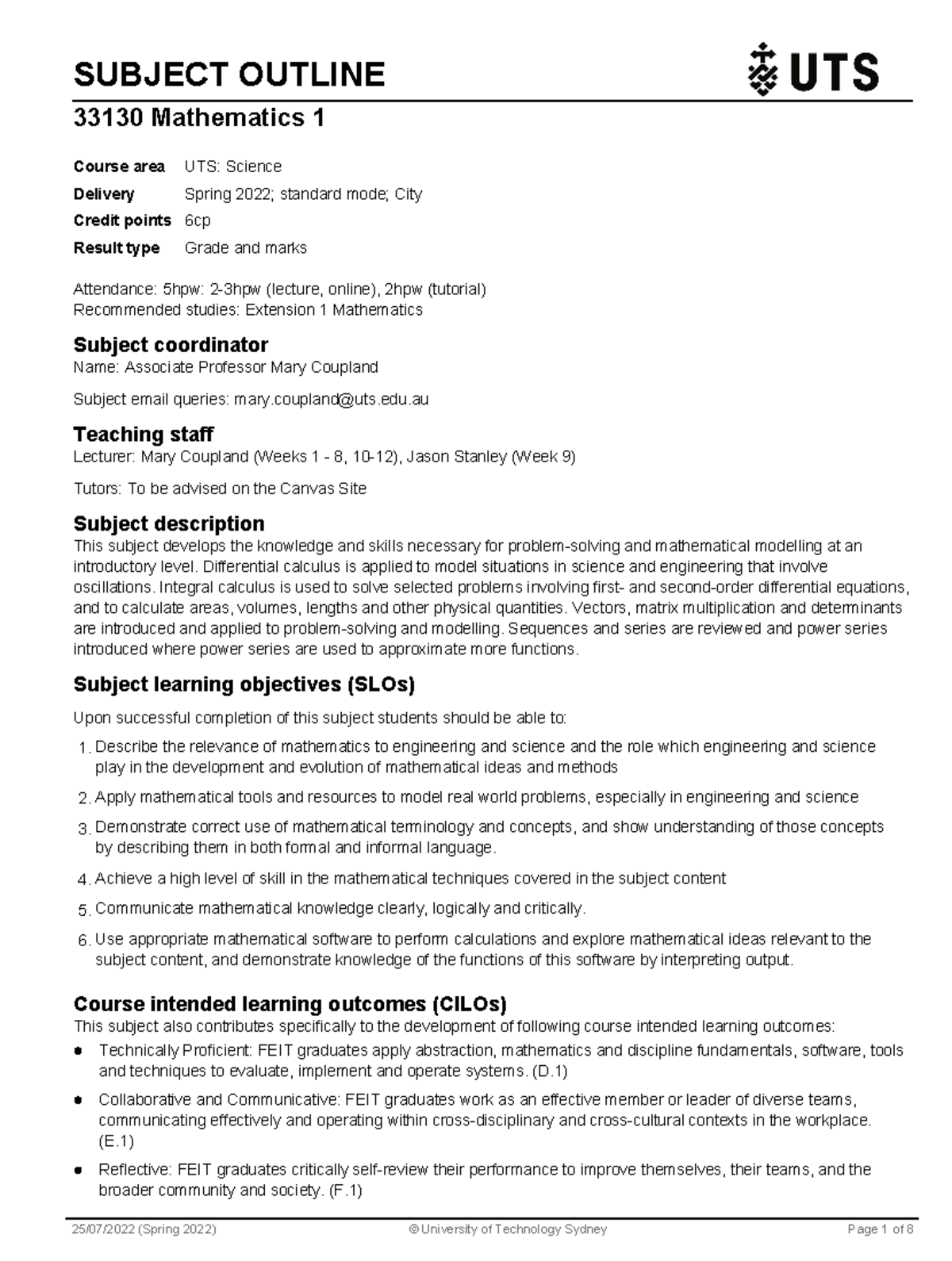 Maths 1 - Subject Outline - SUBJECT OUTLINE 33130 Mathematics 1 ...