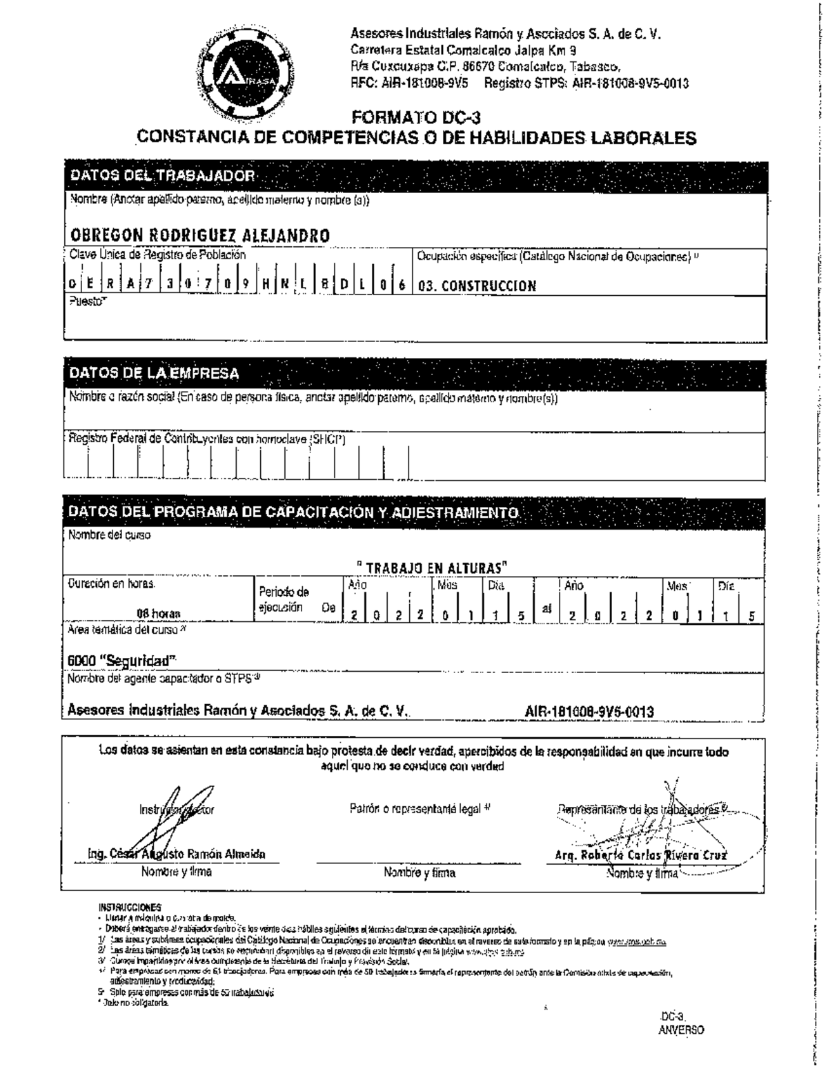 DC3 - DOCUMENTOS DE SEGURIDAD PARA TRABAJADORES - Seguridad E Higiene
