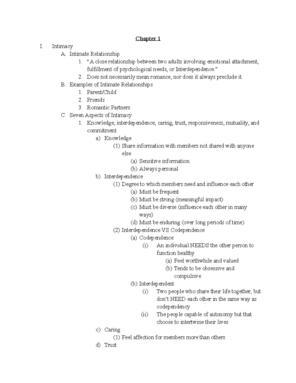 Chapter 1 Notes - Rebecca Thomas - Chapter 1 I. Intimacy A. Intimate ...