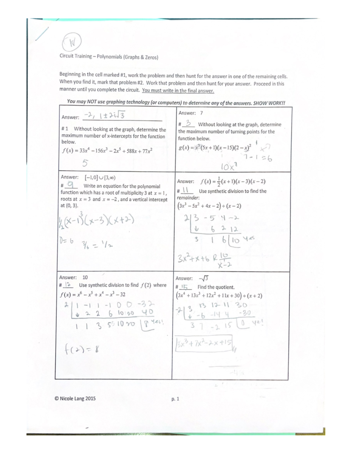 Circuit Training Polynomials (Graphs & Zeros) Precalculus, Section 3