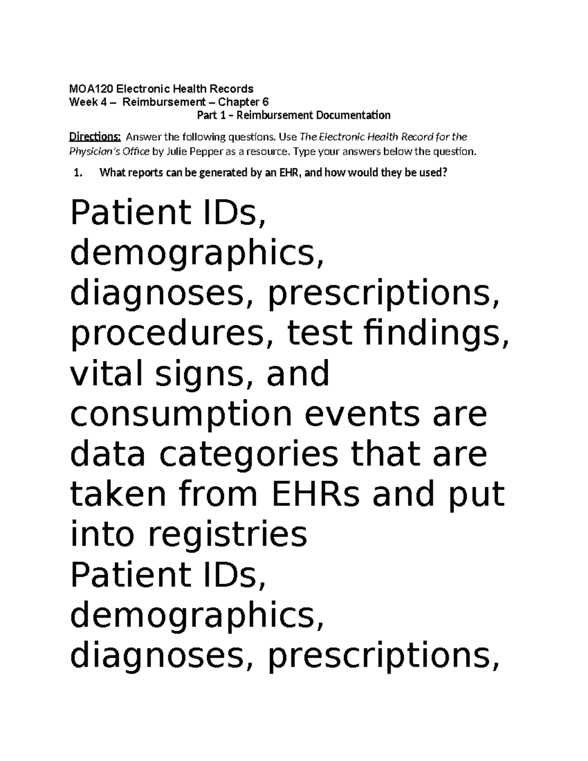 Week 4 Assignment Reimbursement Worksheet - MOA120 Electronic Health ...