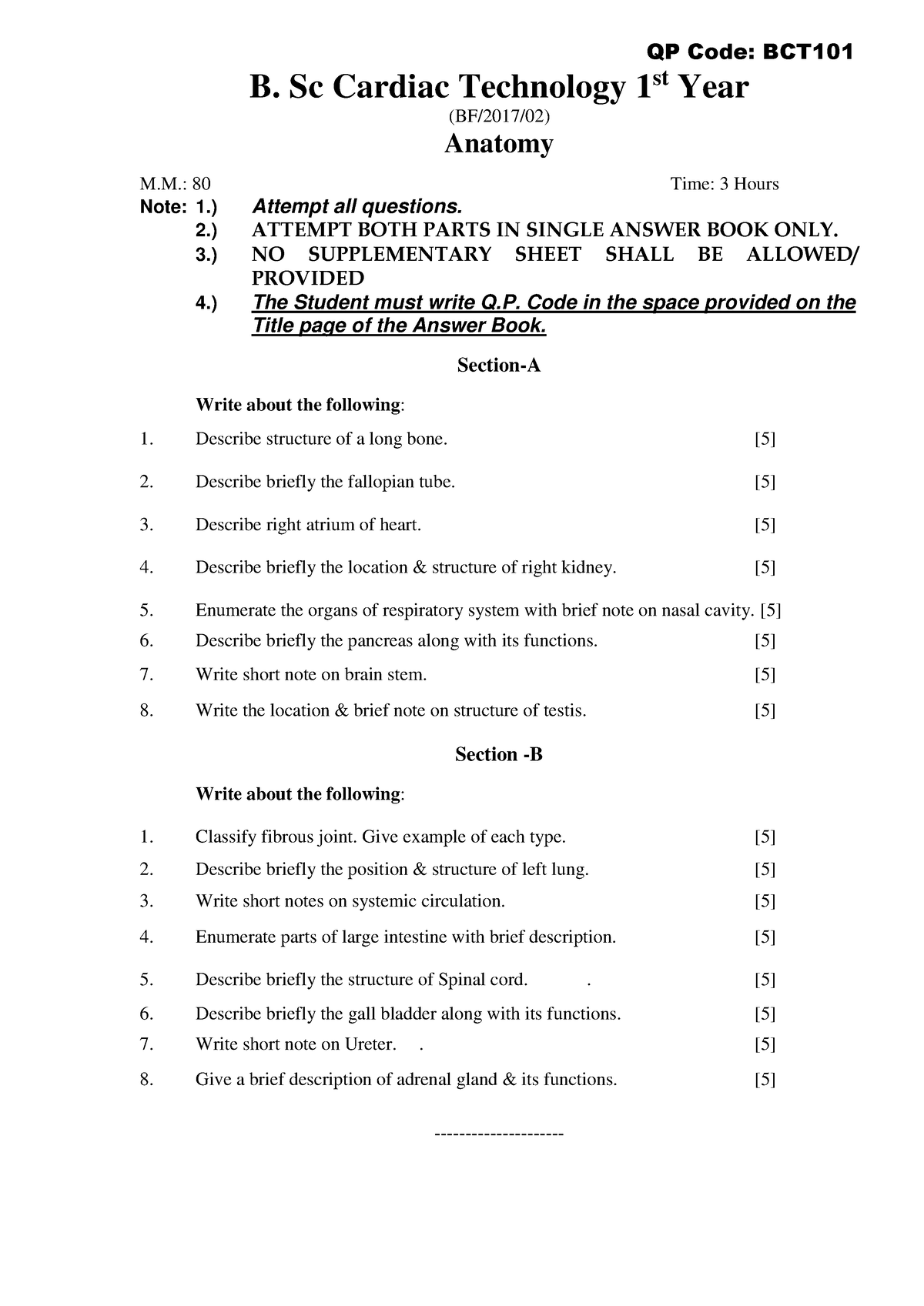 Anatomy(1st)Dec2016-1 - QP Code: BCT B. Sc Cardiac Technology 1 St Year ...