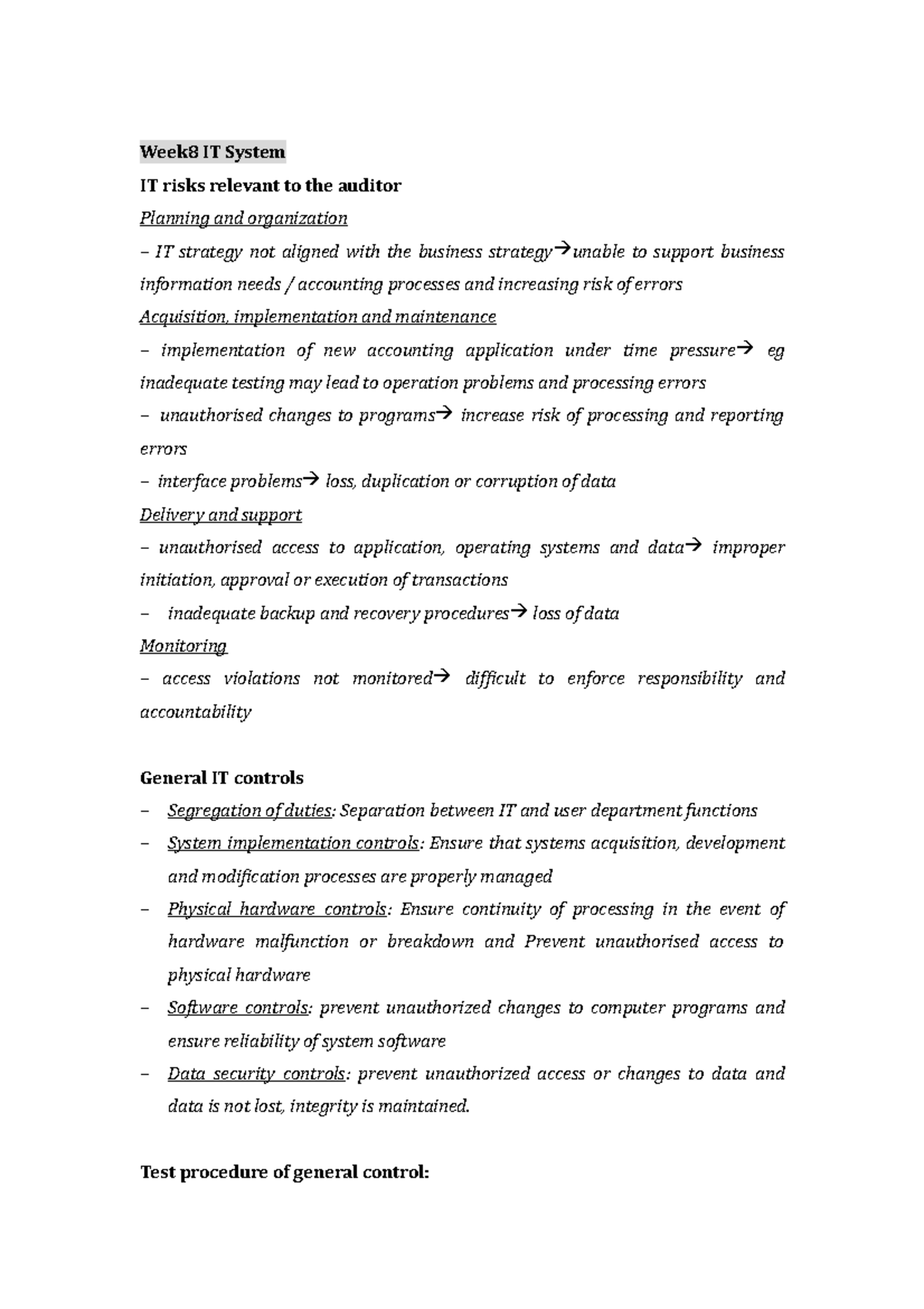 Week8 IT System - Summary Auditing and Assurance Services - Week8 IT ...