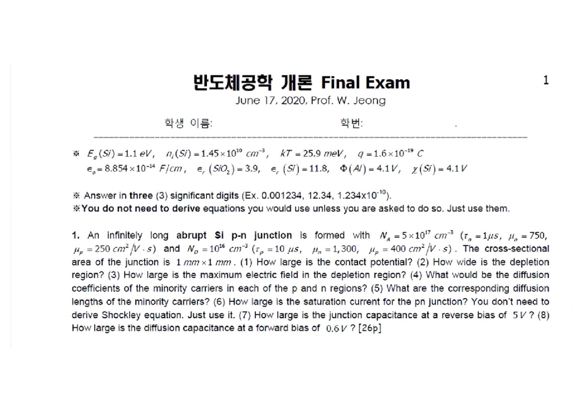 Solid State Electronic device pset - THE Final Exam 1 June 17, 2020 ...