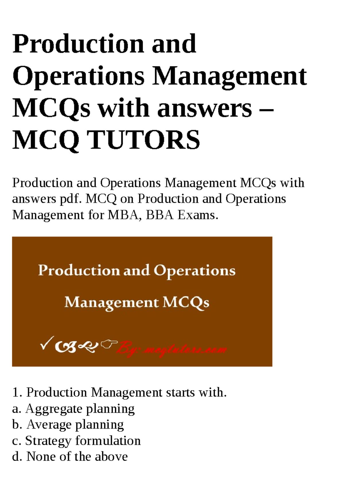 Production and Operations Management MCQs with answers MCQ Production and Operations