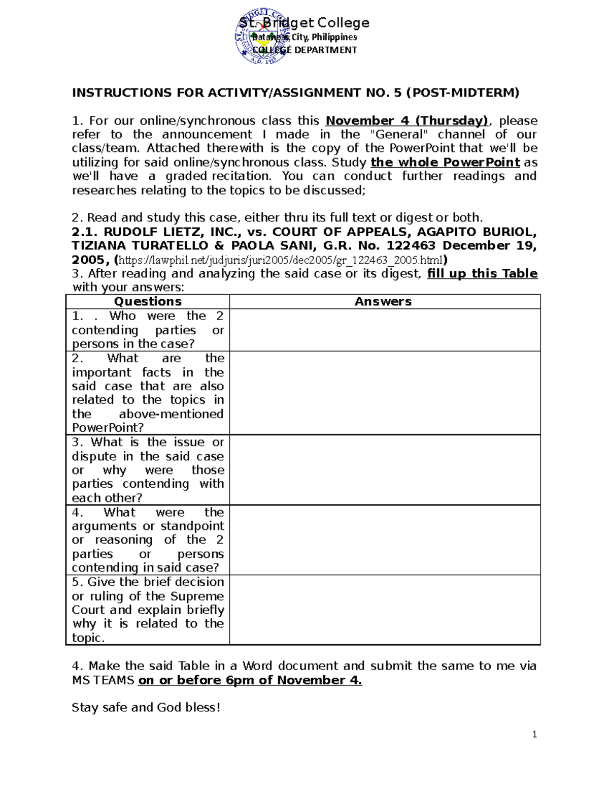 Assignment Activity No. 5 Oblicon - INSTRUCTIONS FOR ACTIVITY ...