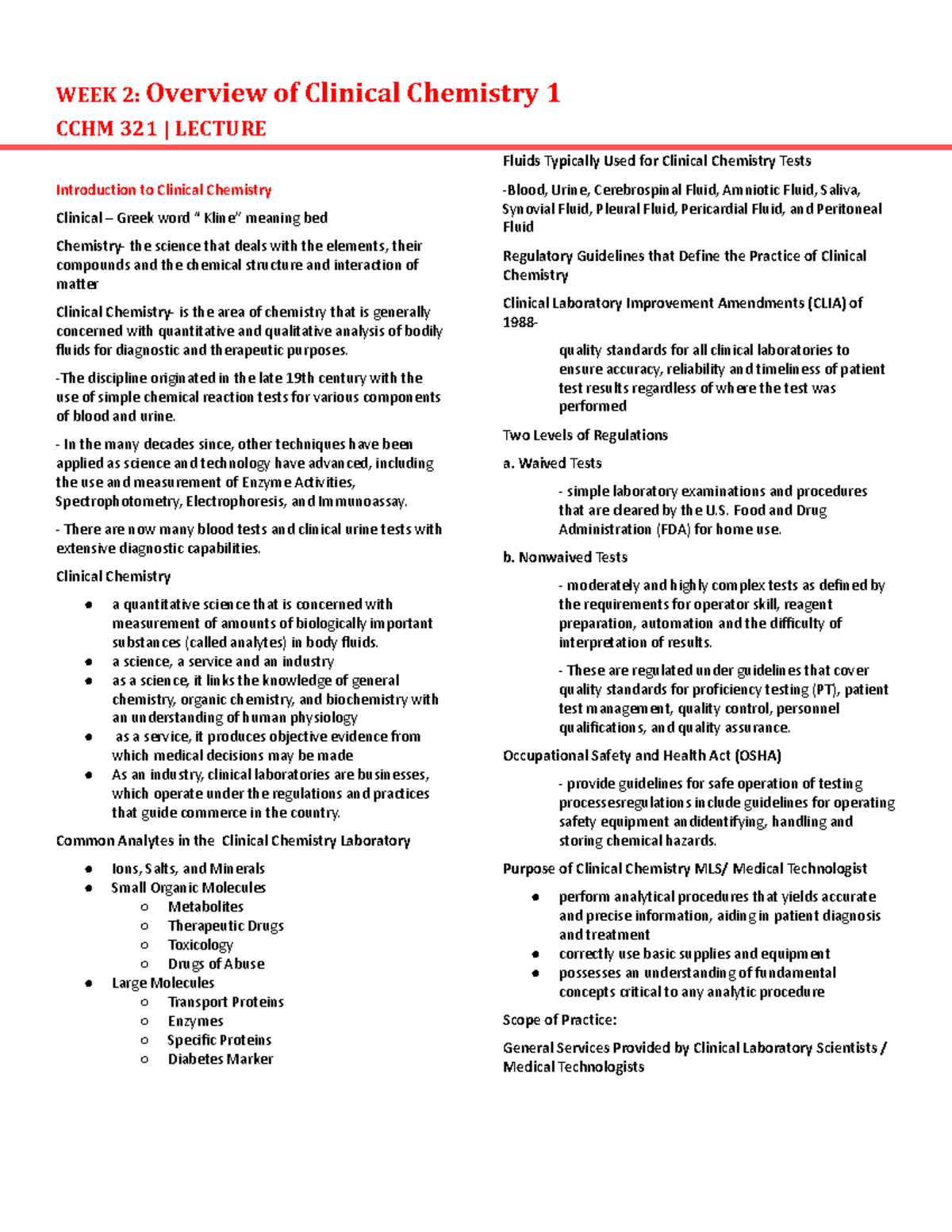 1-overview of CC1 - WEEK 2: Overview of Clinical Chemistry 1 CCHM 321 ...