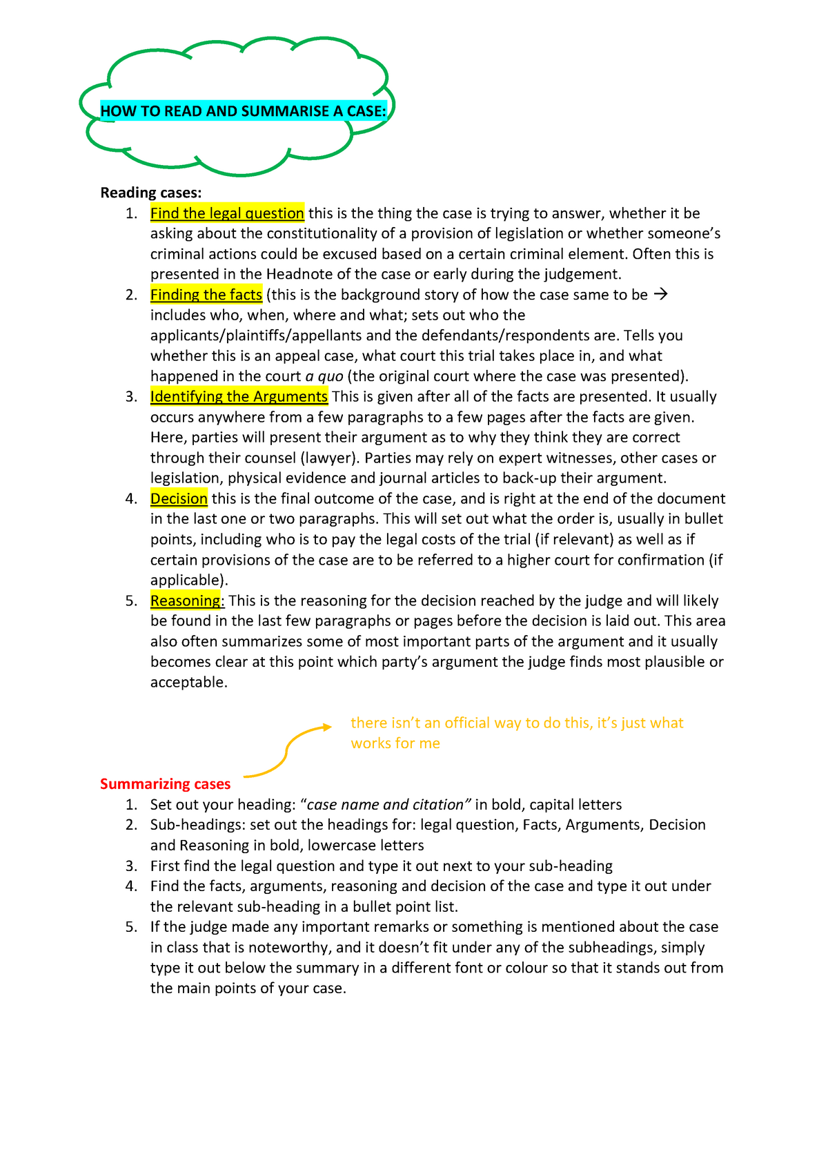 how to read & summarise case law - StuDocu