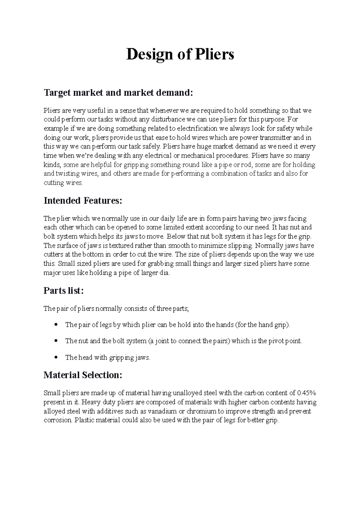 Design of Pliers Design of Pliers Target market and market demand