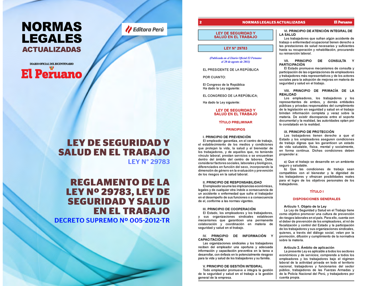 Ley N° 29783 De Sst Y Su Reglamento Ley De Seguridad Y Salud En El Trabajo Ley N° 29783 4342