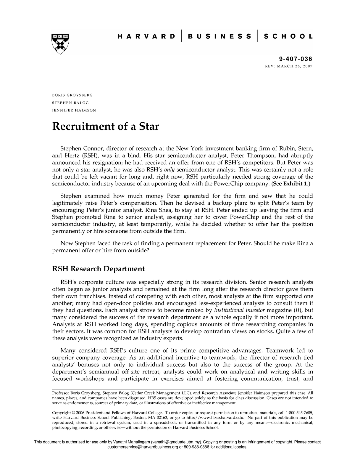 harvard case study recruitment of a star