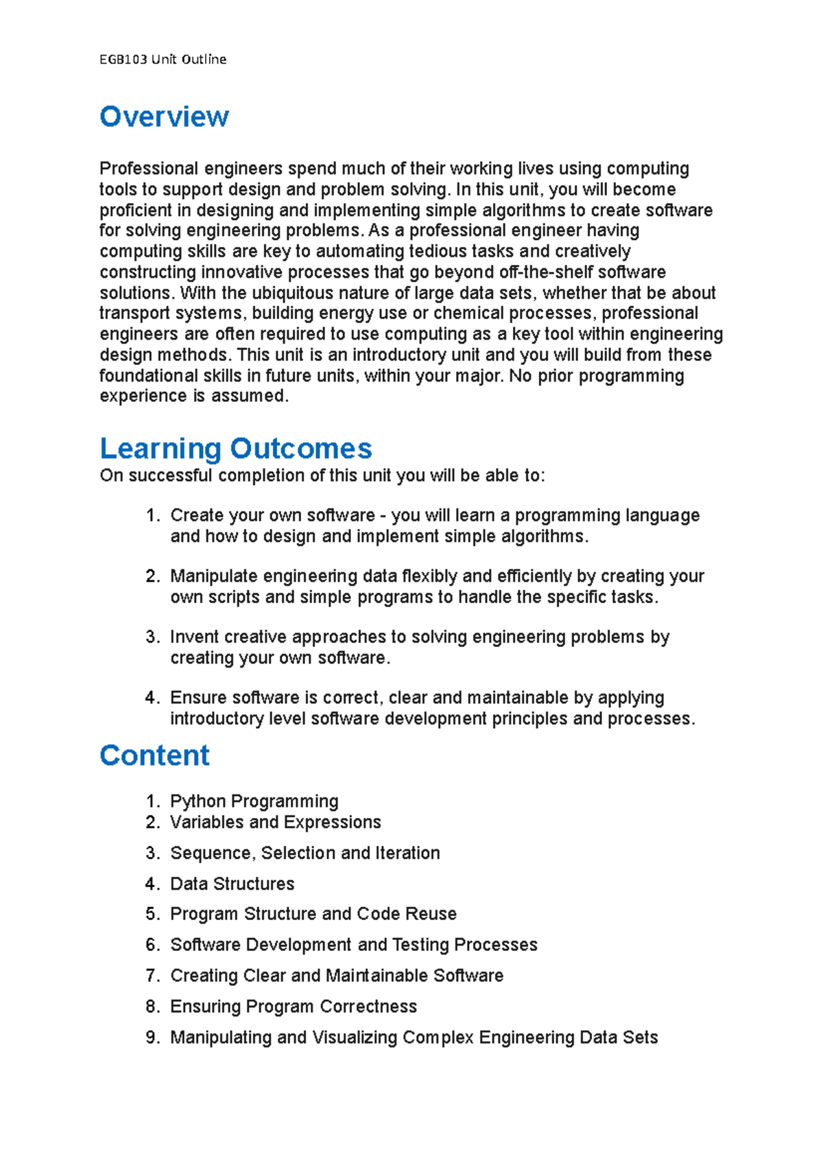 EBG103 Unit Outline - Overview Professional engineers spend much of ...