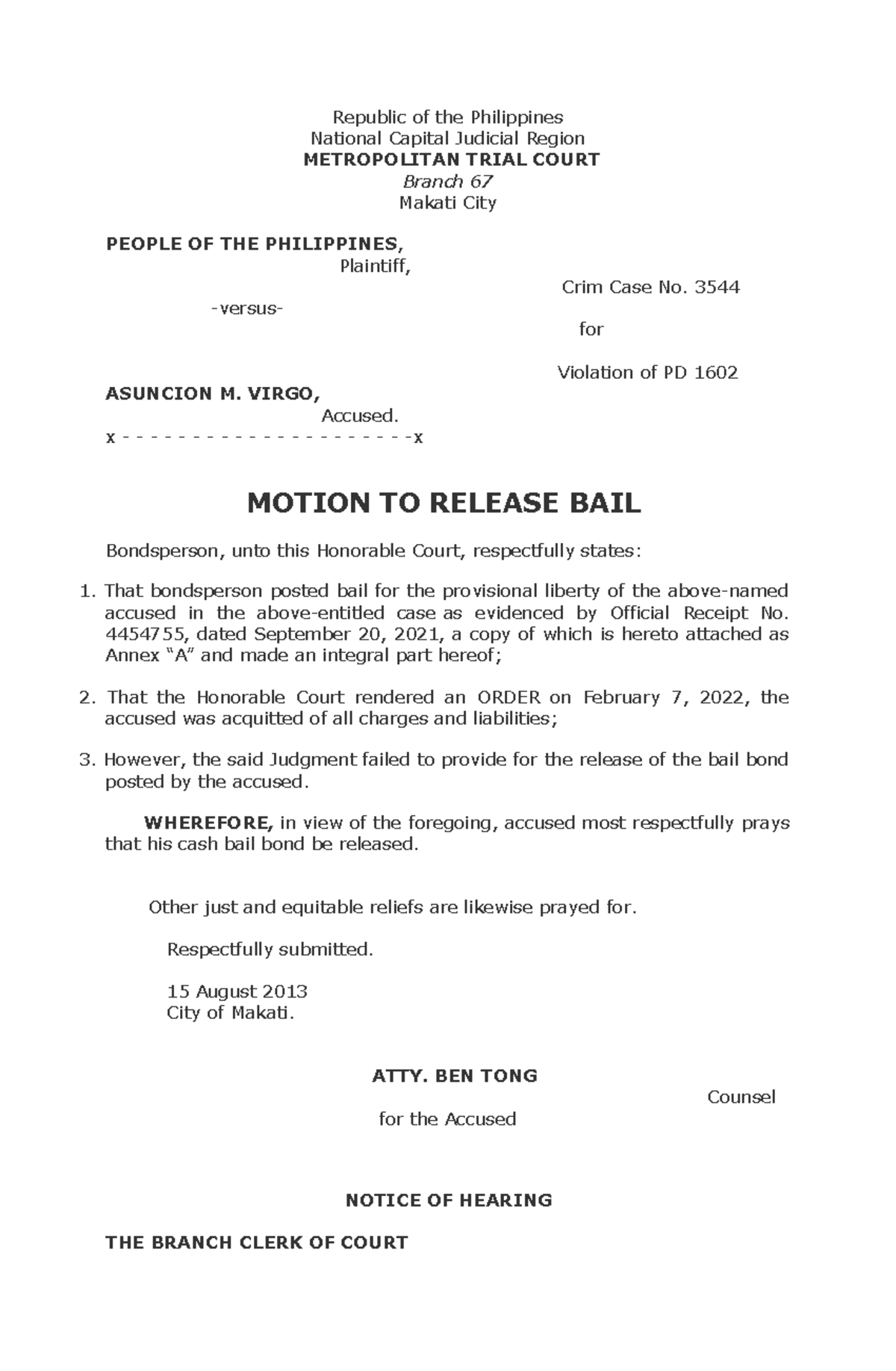 Motion To Release Bail Republic of the Philippines National Capital Judicial Region