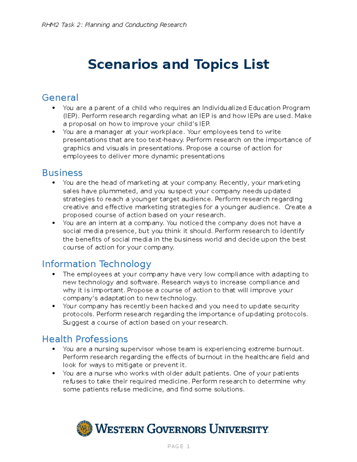 Scenarios and Topics List - C228 Task 2 - WGU - Studocu