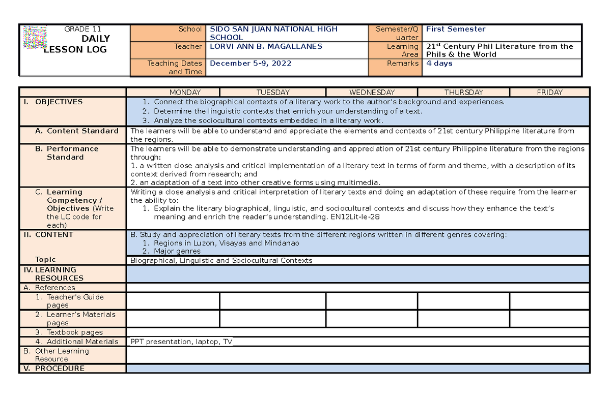 Dll Lit Linguistic Context Dec 5-9, 2022 - Grade 11 Daily Lesson Log 