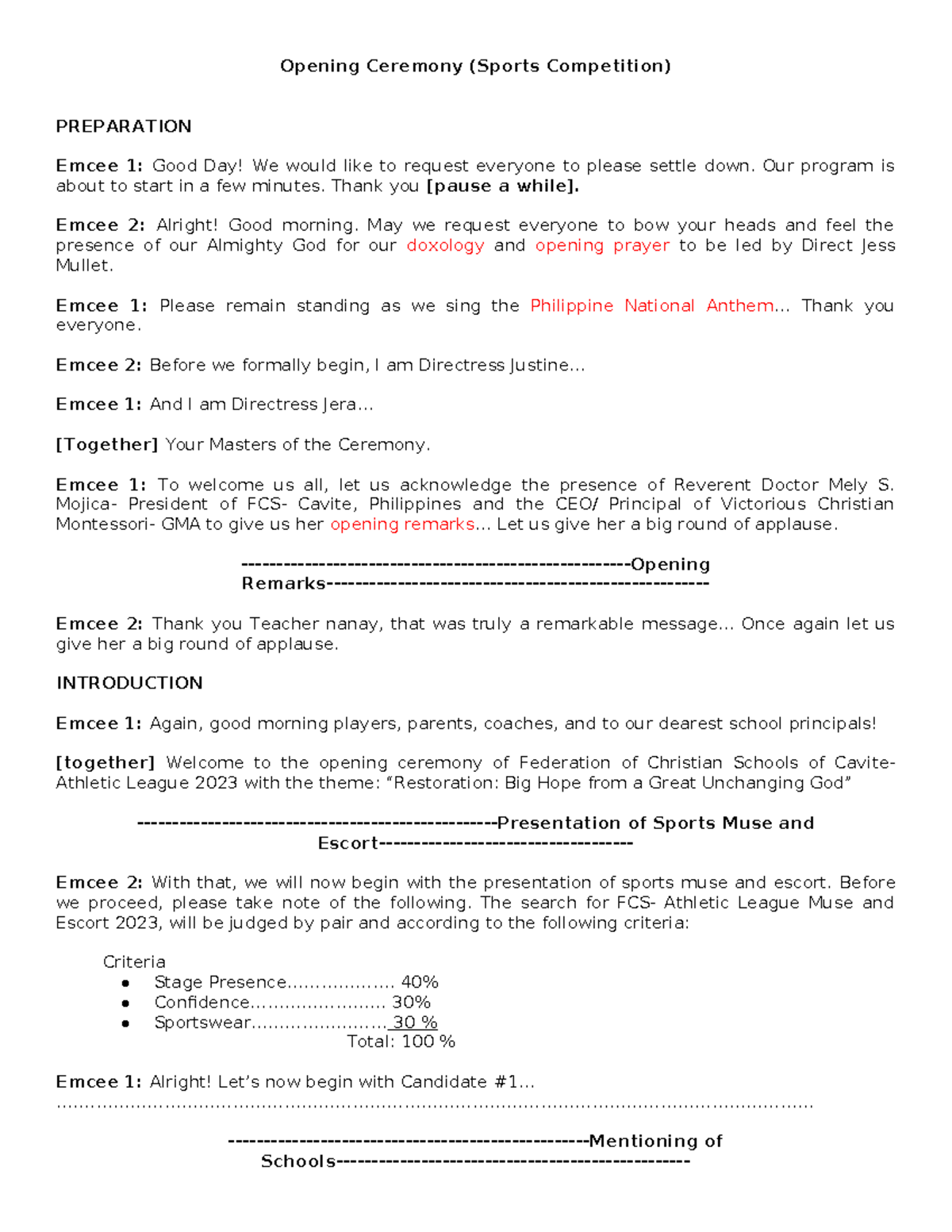 Opening of Scripts Ceremony Script - Opening Ceremony (Sports ...