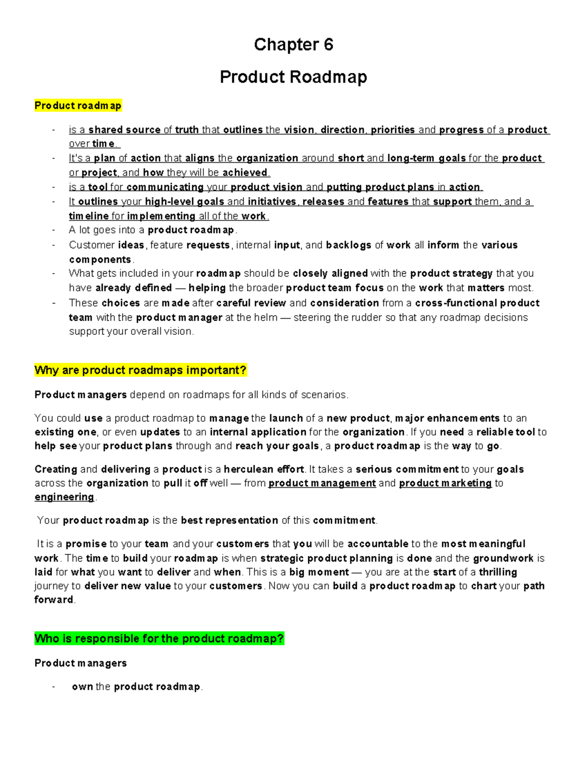 Chapter 6 product roadmap reviewer - Chapter 6 Product Roadmap Product ...