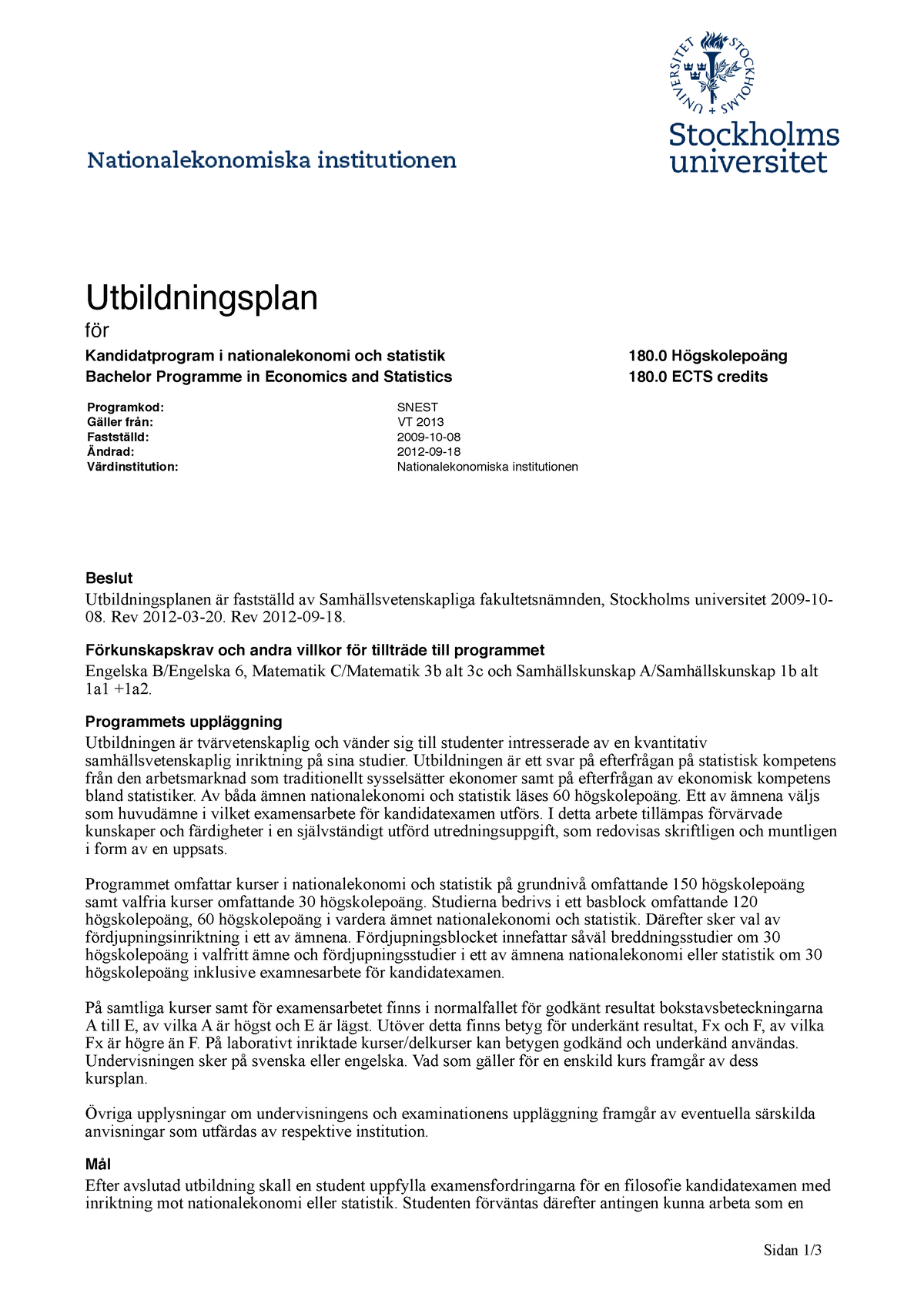 HT22 Snest Education Plan - Utbildningsplan För Kandidatprogram I ...