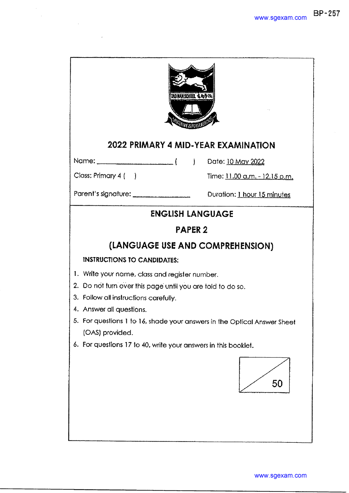 2022P4EnglishSemestral Assessment 1Tao Nan English in UNI Studocu