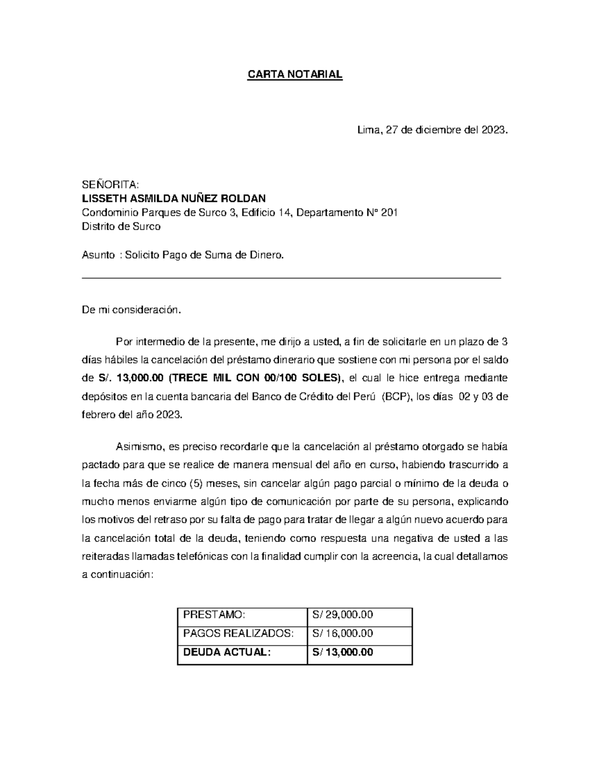 Carta Notarial Andres Versión 2 Carta Notarial Lima 27 De Diciembre Del 2023 SeÑorita 3347