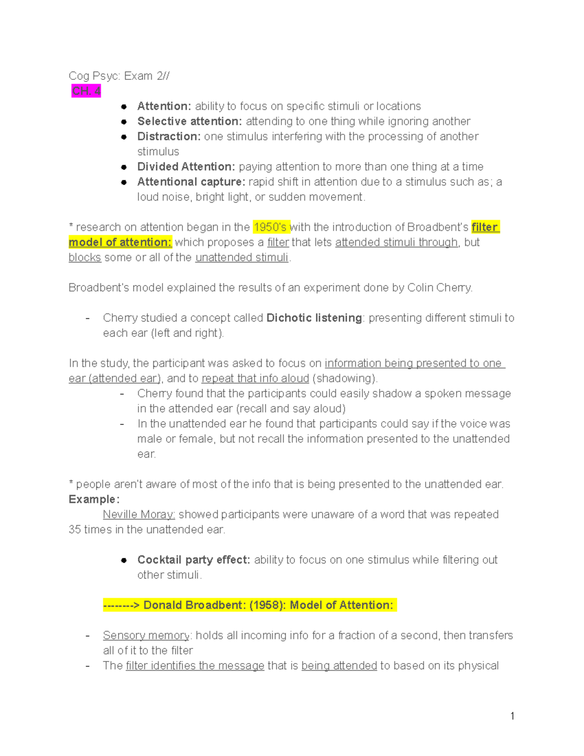 Cog Psyc exam 2 chapter summaries - Cog Psyc: Exam 2// CH. 4 Attention ...