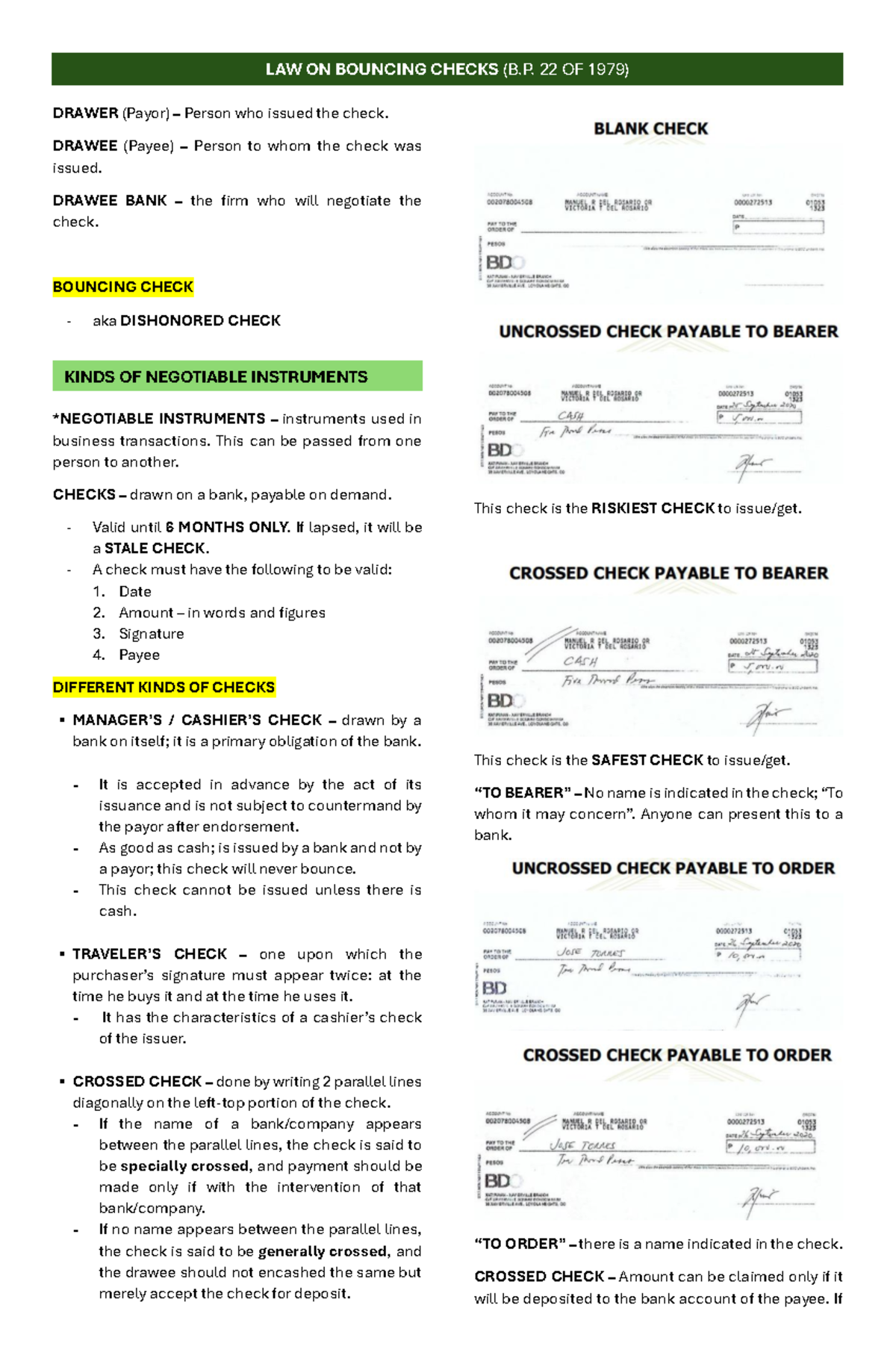 Bouncing Checks- BP 22 - DRAWER (Payor) – Person who issued the check ...