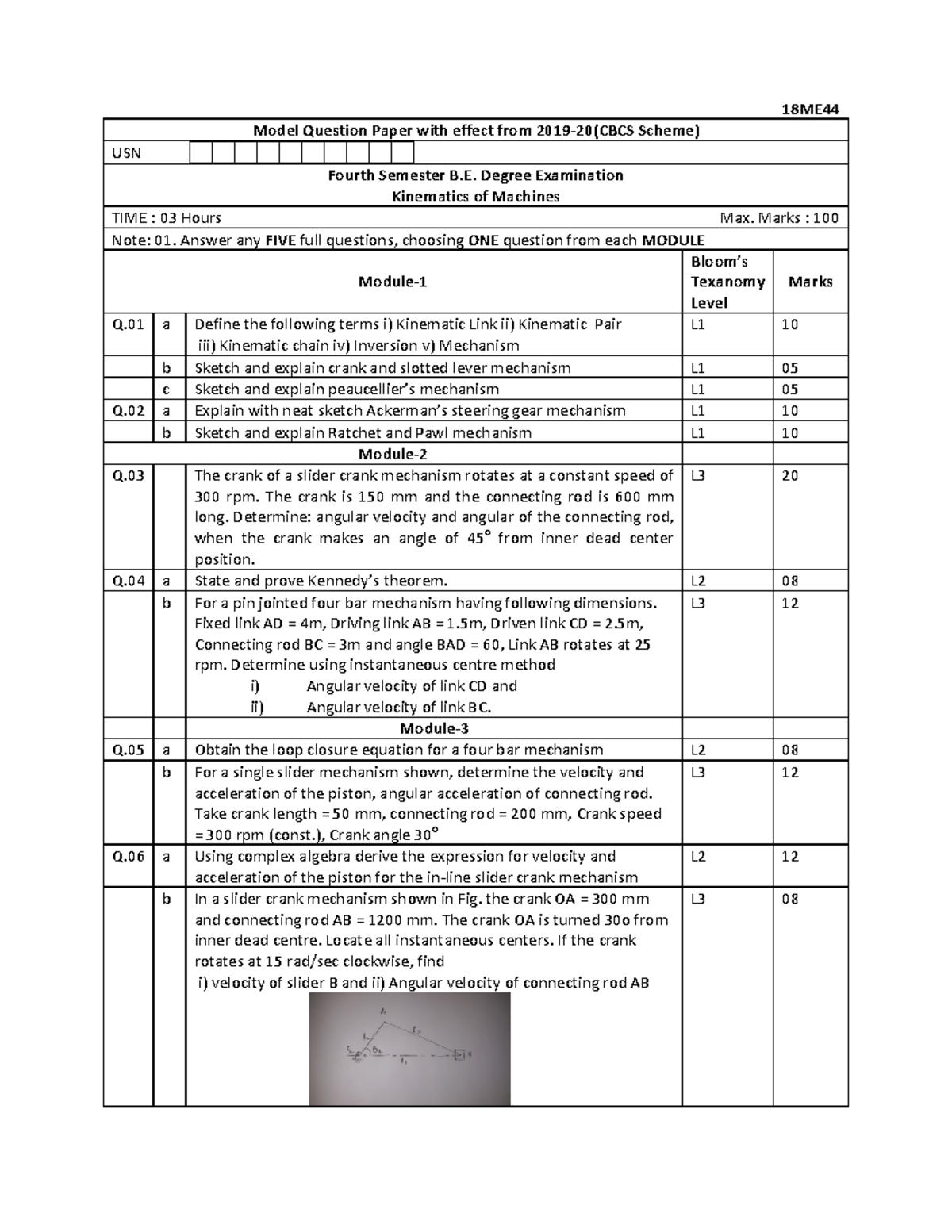 18me441(kinematicsofmachines 19-20) - 18ME Model Question Paper with ...
