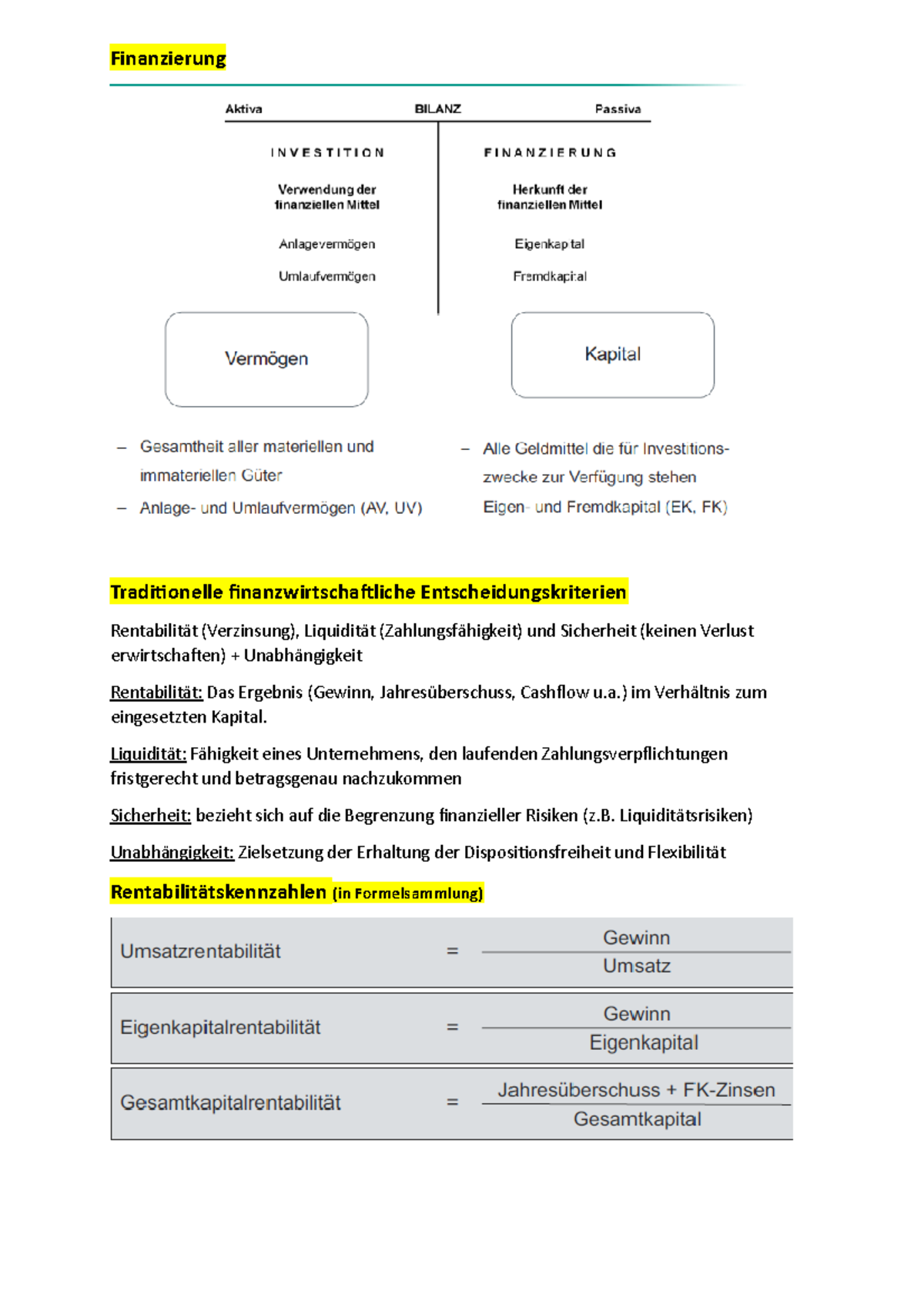 Lernzettel Finanzierung - Finanzierung Traditionelle ...