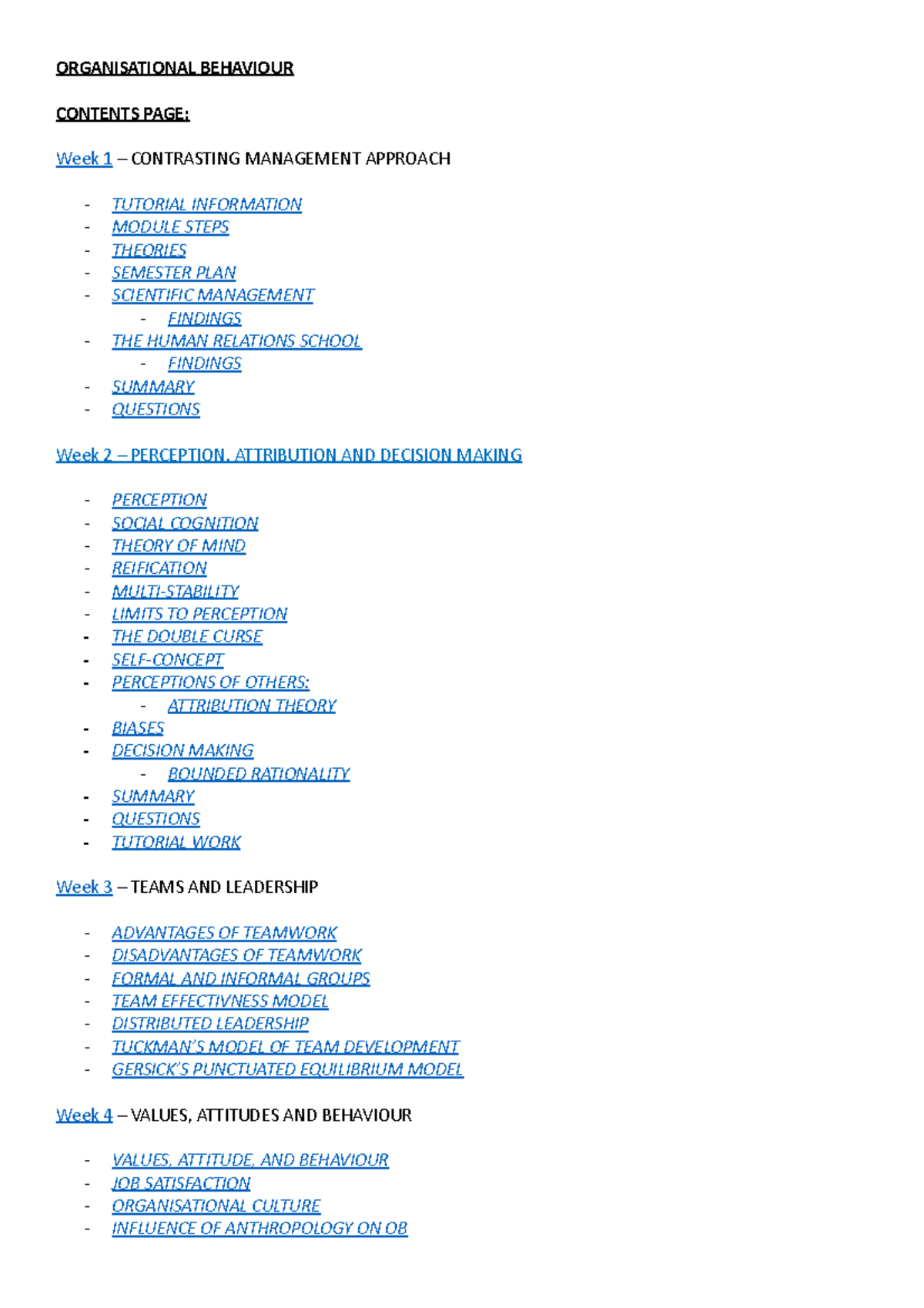 Organisational Behaviour Notes - ORGANISATIONAL BEHAVIOUR CONTENTS PAGE ...