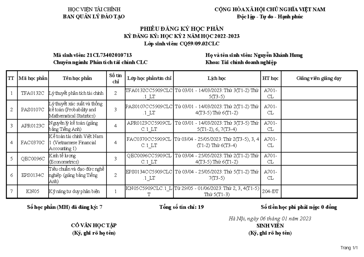 Phieu Dang Ky Hoc Phan Nguyen Khanh Hung 21CL73402010 713 HK2 2022 2023 ...