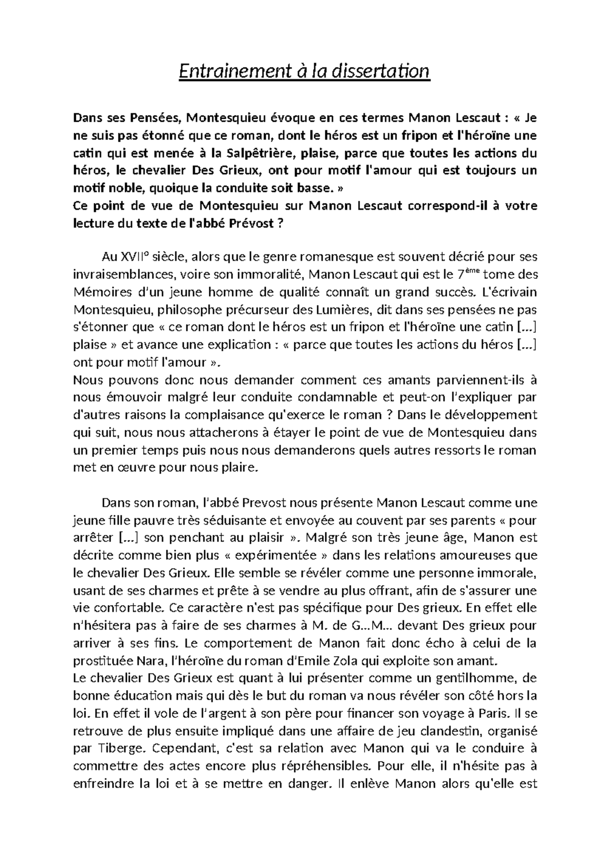 dissertation sur manon lescaut exemple