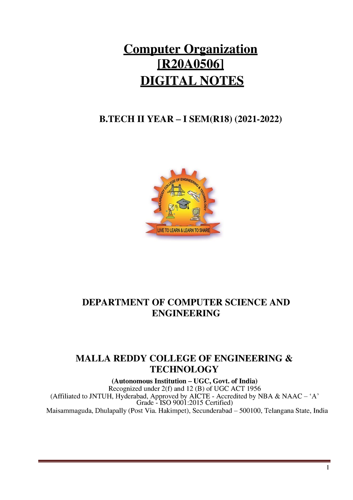 Computer Organisation(R20A0506) - Computer Organization [R20A0506 ...