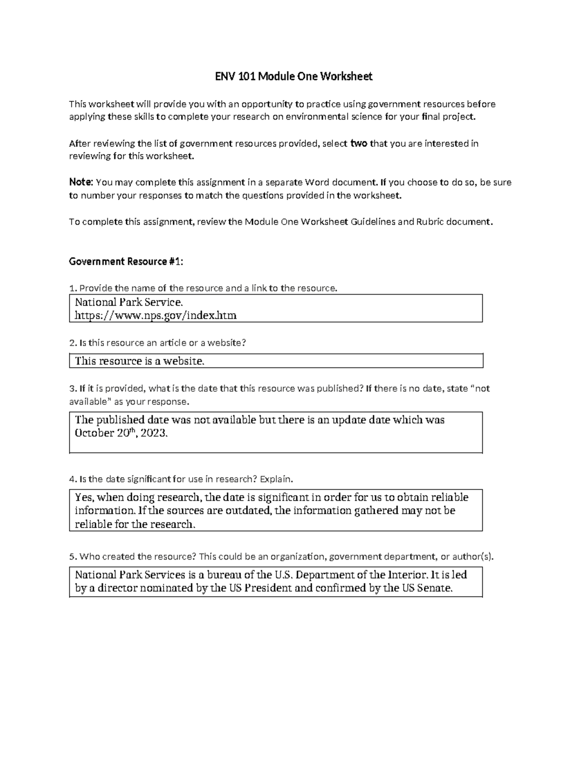 ENV 101 Module One Worksheet - ENV 101 Module One Worksheet This ...