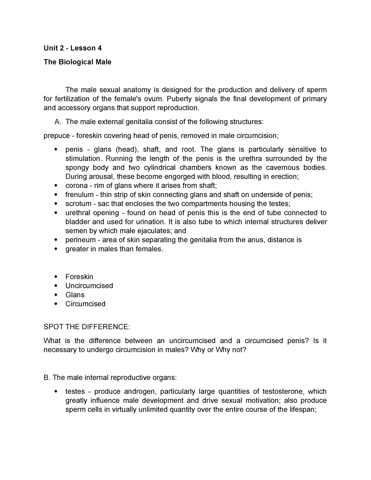 The Biological Male - Unit 2 - Lesson 4 The Biological Male The male ...