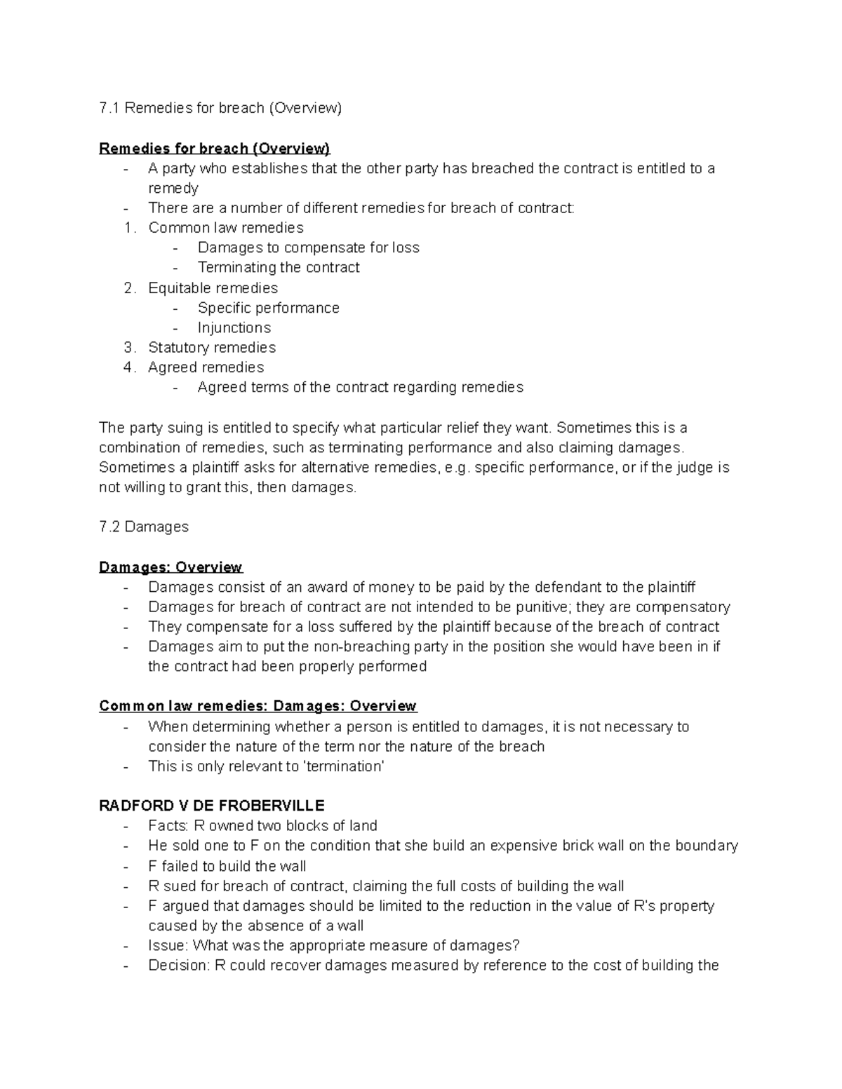 Principle of business law Lecture 8 notes - 7 Remedies for breach ...