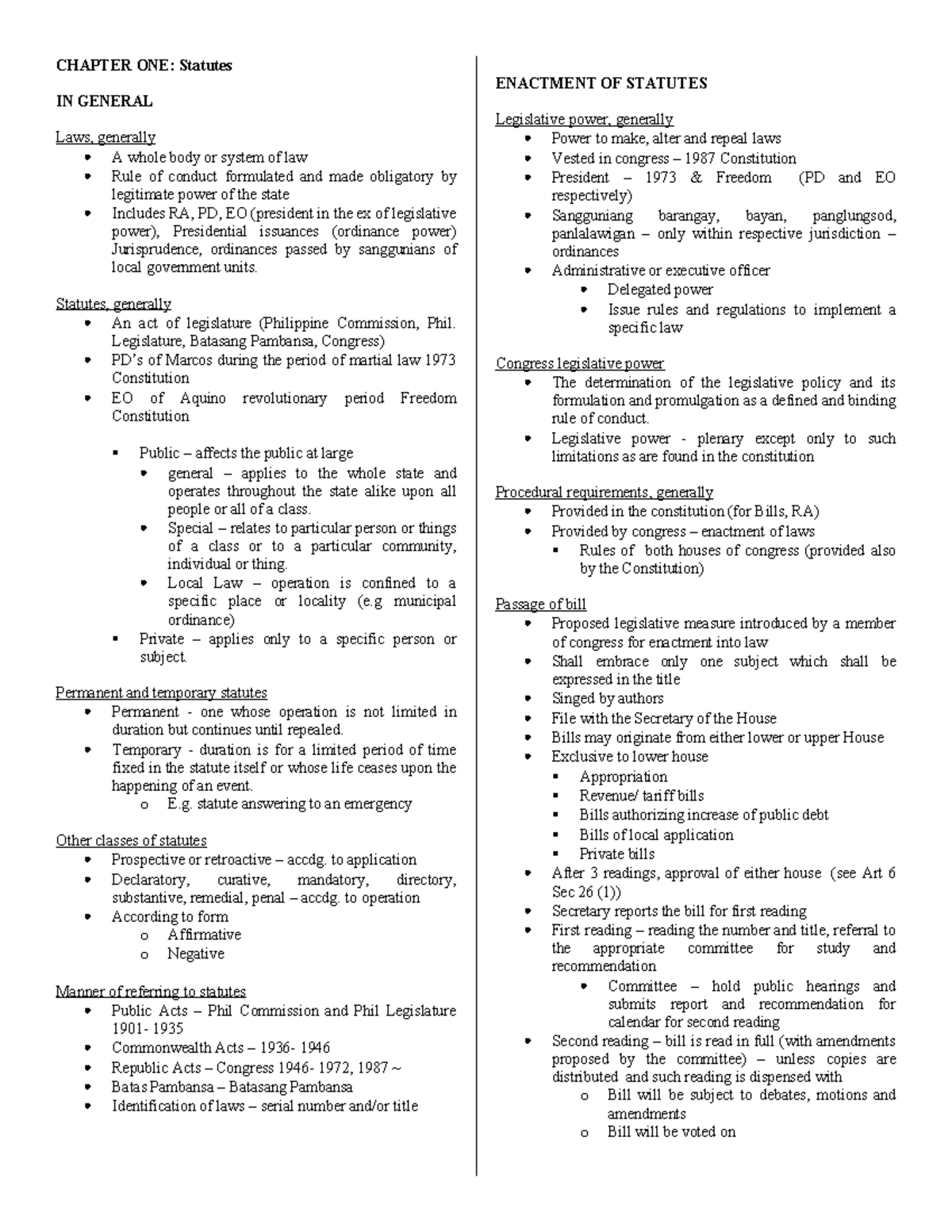 Stat Con-Agpalo-Notes - CHAPTER ONE: Statutes IN GENERAL Laws ...