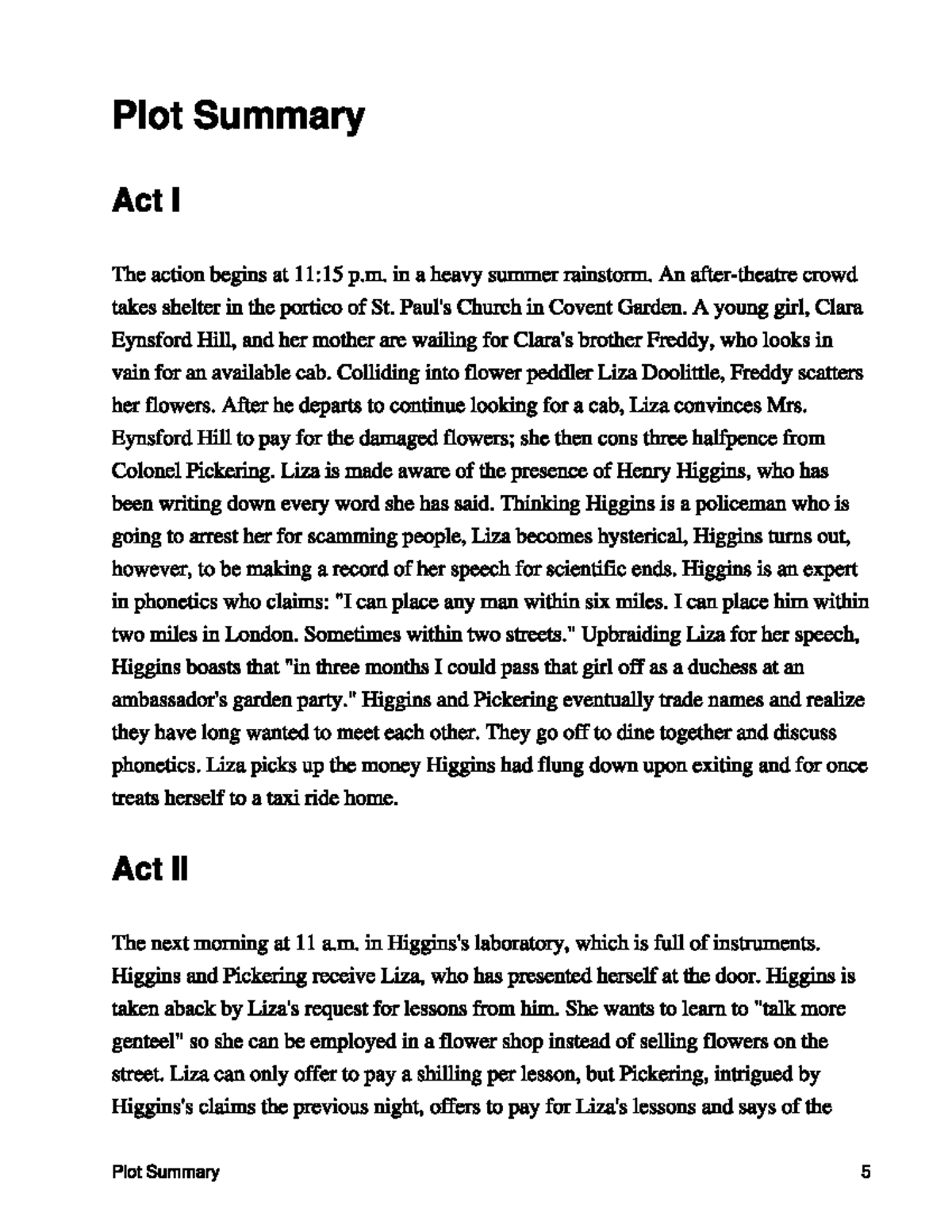 Pygmalion Plot Summary and characters - Studocu