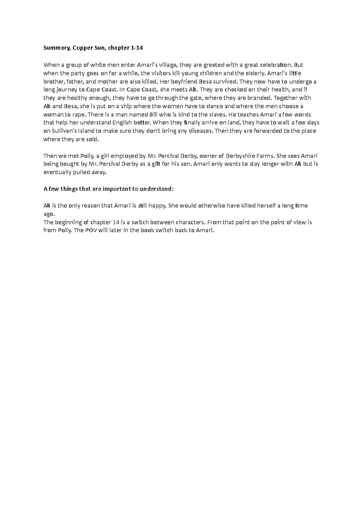 Summary Copper Sun 114 Summary, Copper Sun, chapter 1 When a group of white men enter Amari