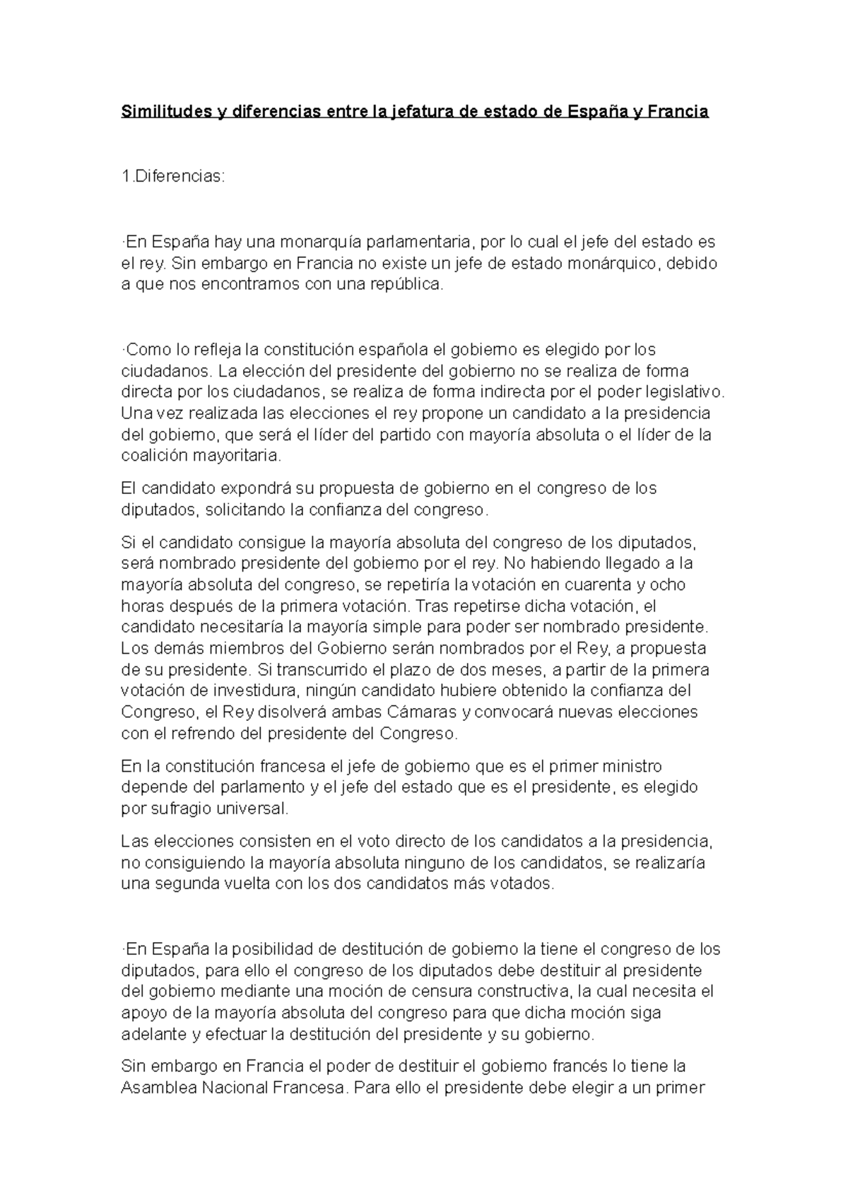 Diferencia Entre Presidente Y Primer Ministro En Francia Similitudes y diferencias existentes entre las Jefaturas de Estado de  España y Francia - Similitudes - StuDocu