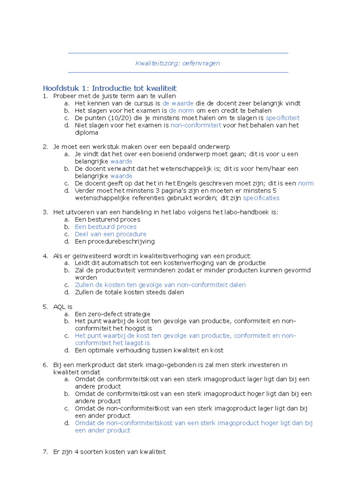 Oefenvragen - Kwaliteitszorg: Oefenvragen Hoofdstuk 1: Introductie Tot ...