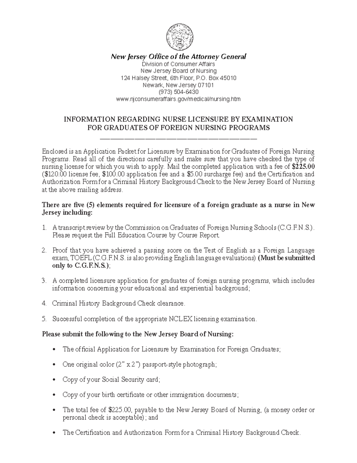 New Jersey RN+LPN Application Packet for Graduates of Foreign Nursing