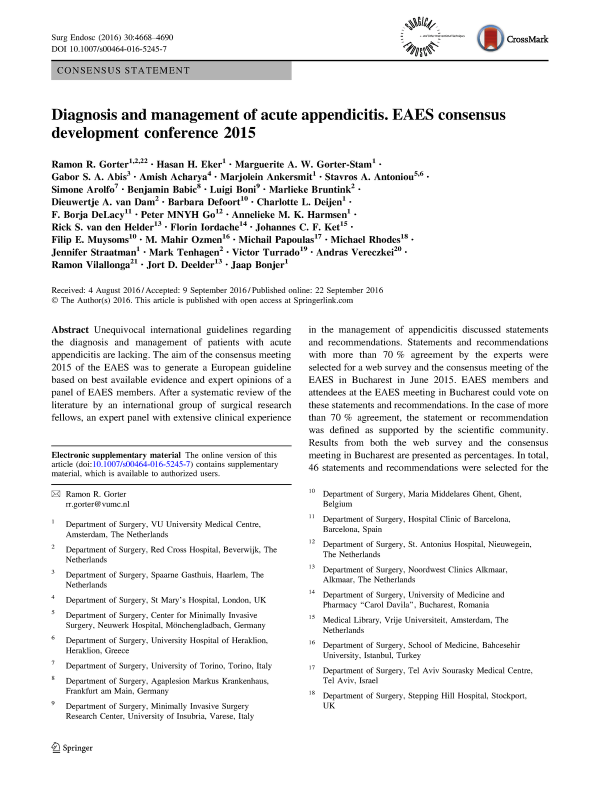 Acute Appendicitis (Diagnosis And Management) - EAES Consensus (2016 ...